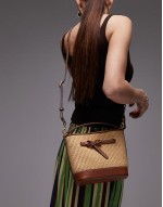 woven structured bucket bag with buckle detail in tan