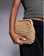 hand crochet straw frame clutch bag with detachable crossbody strap
