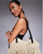 slouch straw tote bag with PU buckle strap in beige